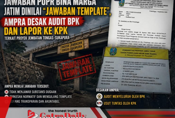 Jawaban PUPR Bina Marga Jatim Dinilai “Jawaban Template”, AMPRA Desak Audit BPK dan Lapor ke KPK Terkait Proyek Jembatan Tongas-Sukapura